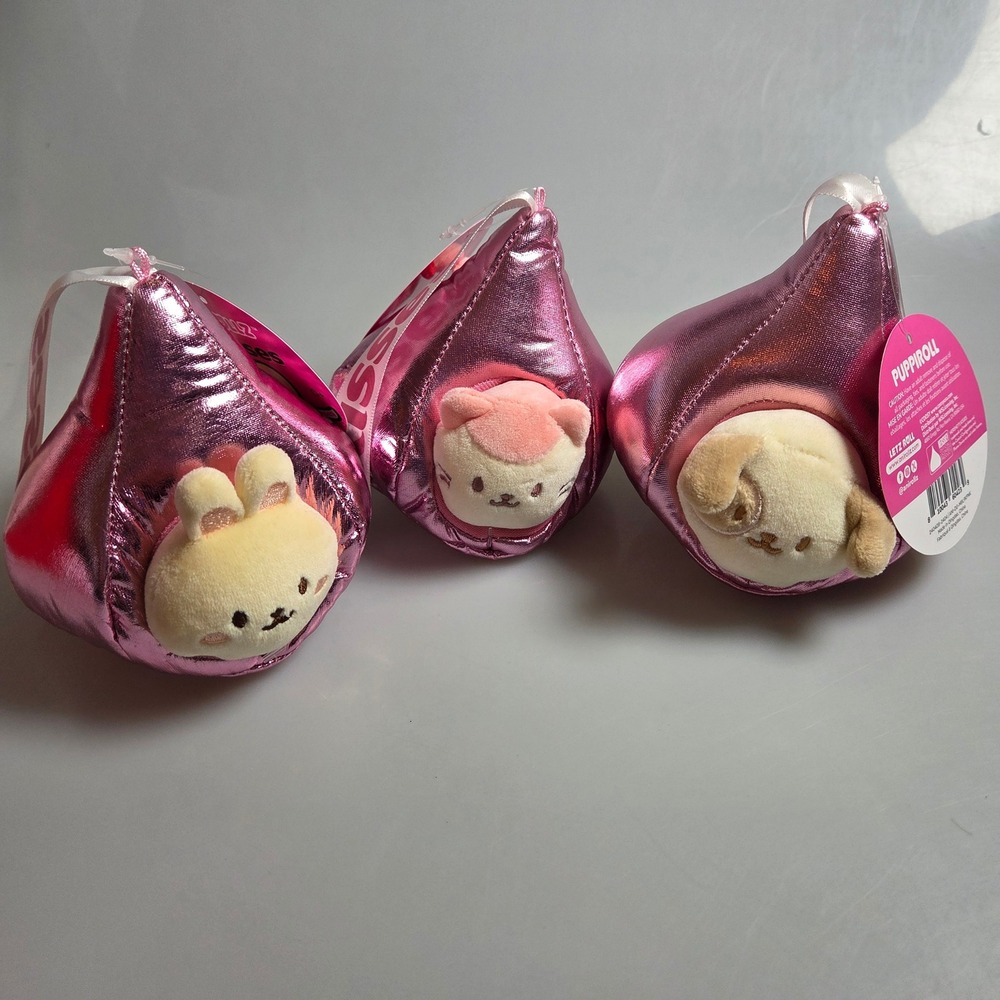 Anirollz Hershey's Kisses Plush Set Bunniroll Kittiroll Puppiroll Pink Metallic